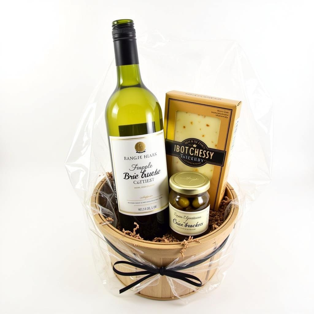 An affordable wine gift basket with free shipping containing a bottle of white wine, cheese, and crackers.