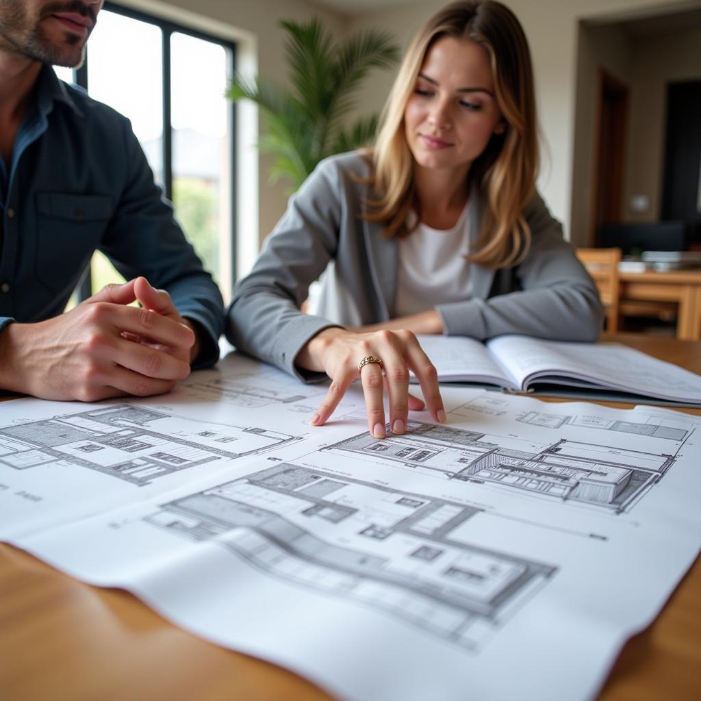 An architect discussing house plans with a client.