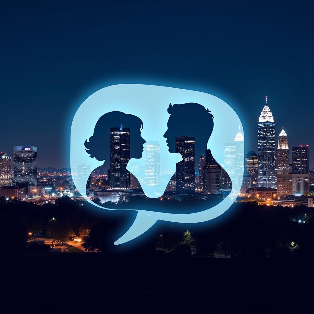 Atlanta skyline with a chat bubble overlay representing online communication