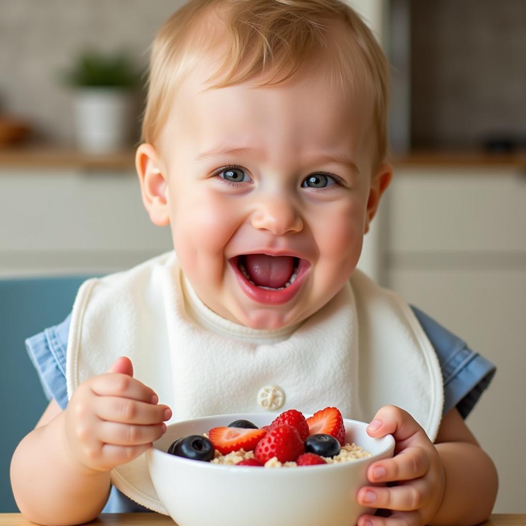 Baby happily eating egg-free oatmeal.