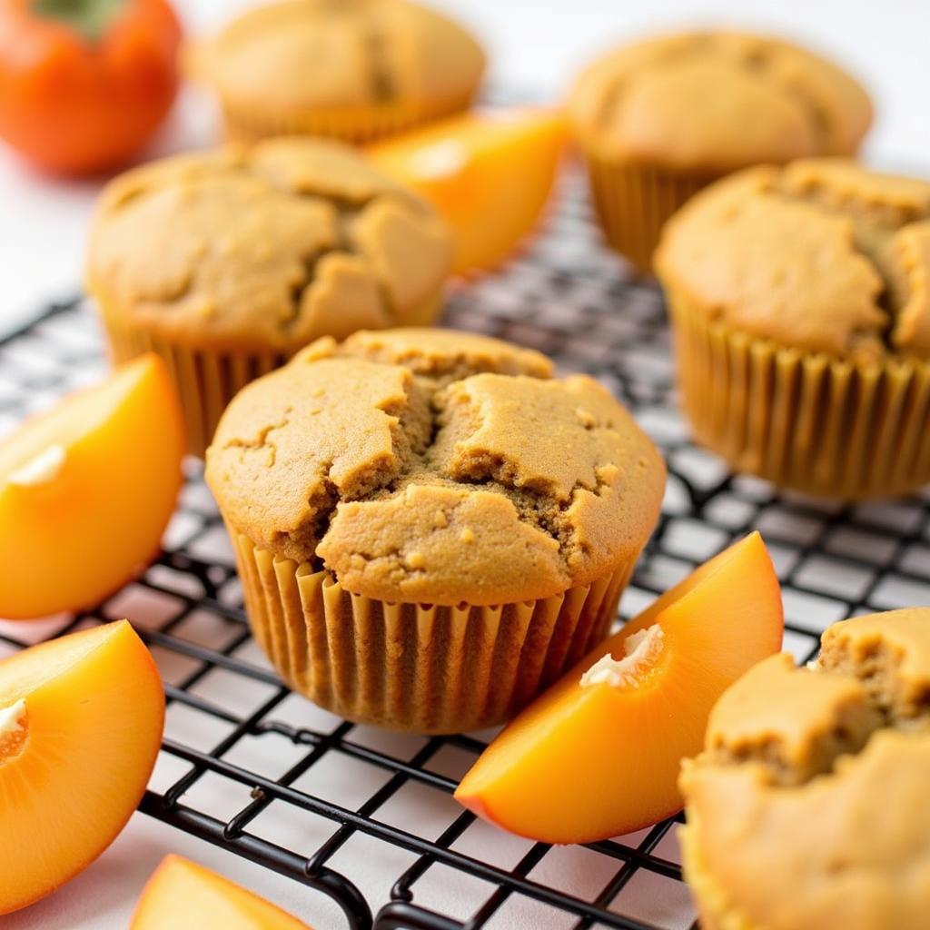 Baked gluten free persimmon muffins on a cooling rack.