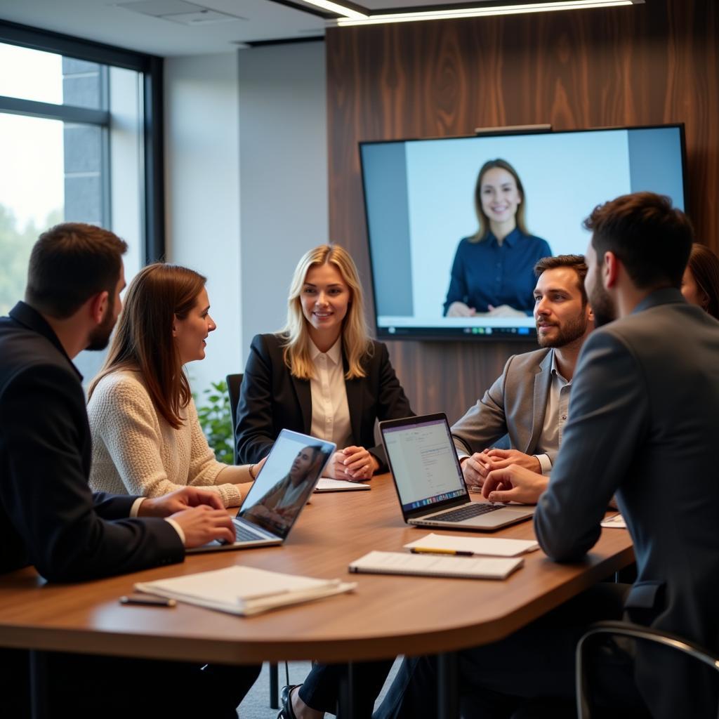 A business meeting showcasing a diverse team collaborating on a project, including a free agent novus.