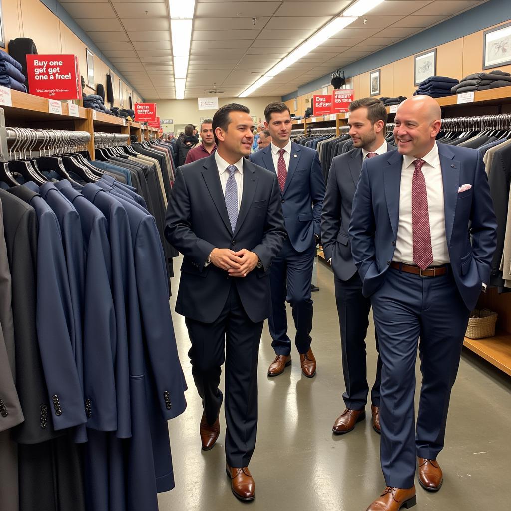 Men browsing suits during a buy one get one free sale