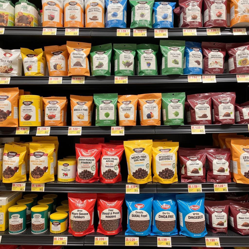 Dairy free sugar free chocolate chips on a store shelf.