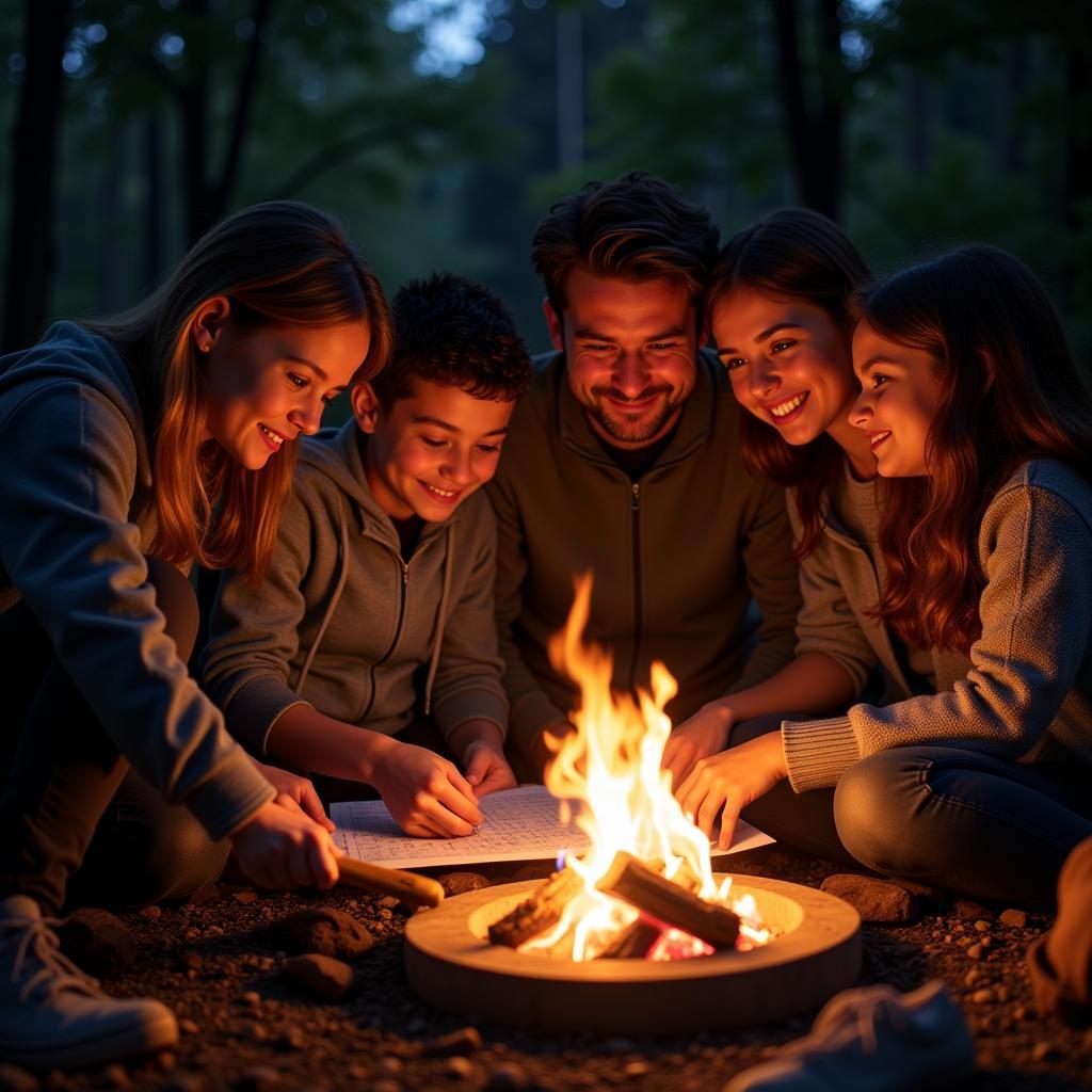 Family enjoying a camping crossword puzzle around a campfire