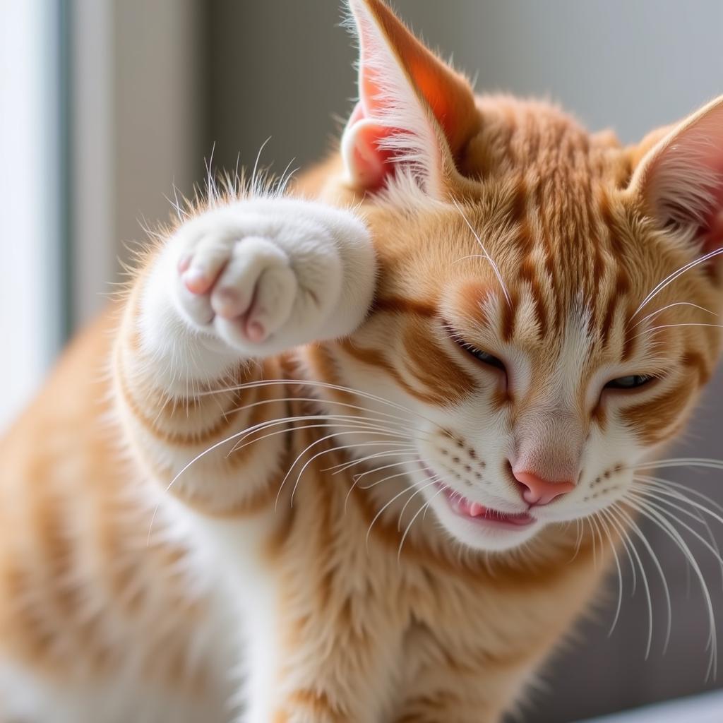 A cat scratching its ear due to a potential food allergy.