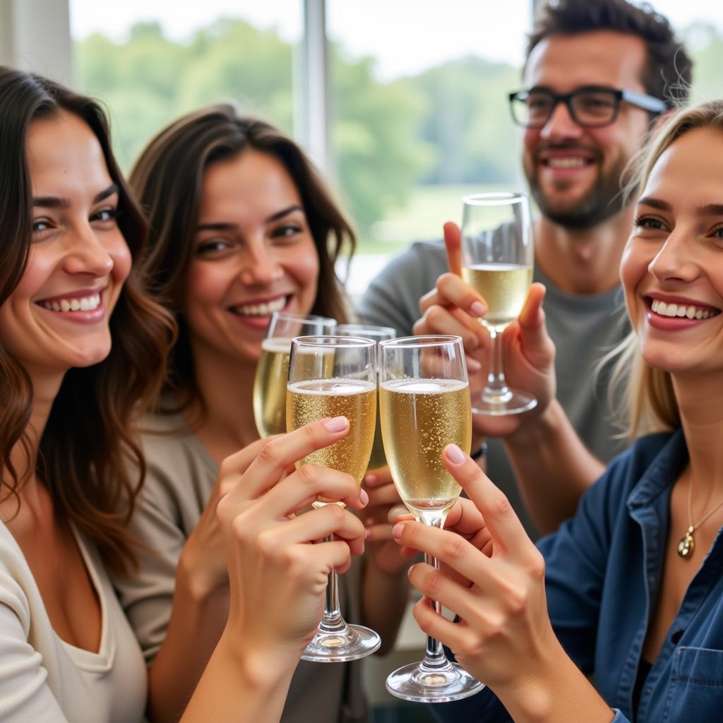 A group of friends toasting with alcohol-free champagne.