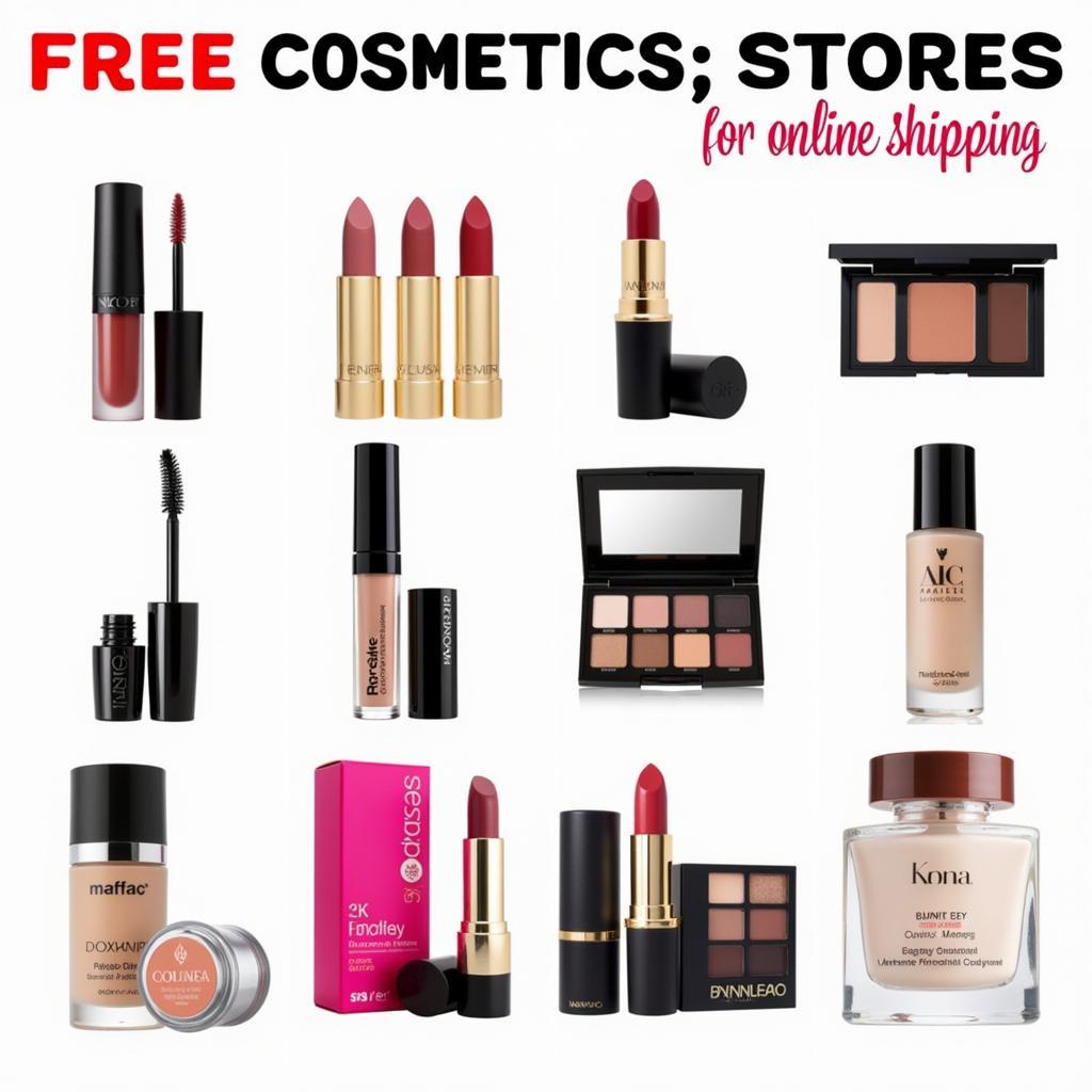 Affordable makeup products displayed on various online stores with free shipping banners.