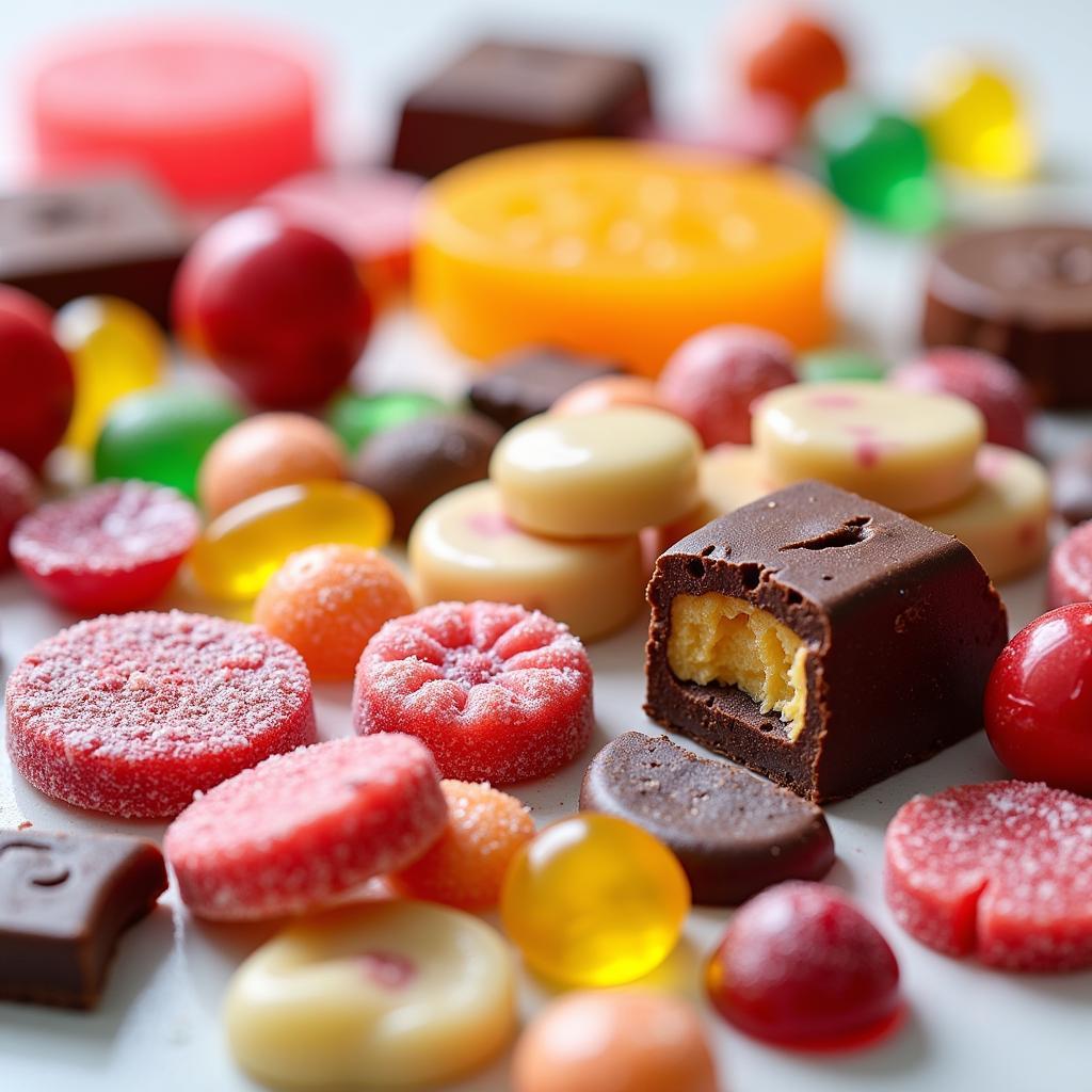 A variety of cheap sugar-free candies displayed on a table.