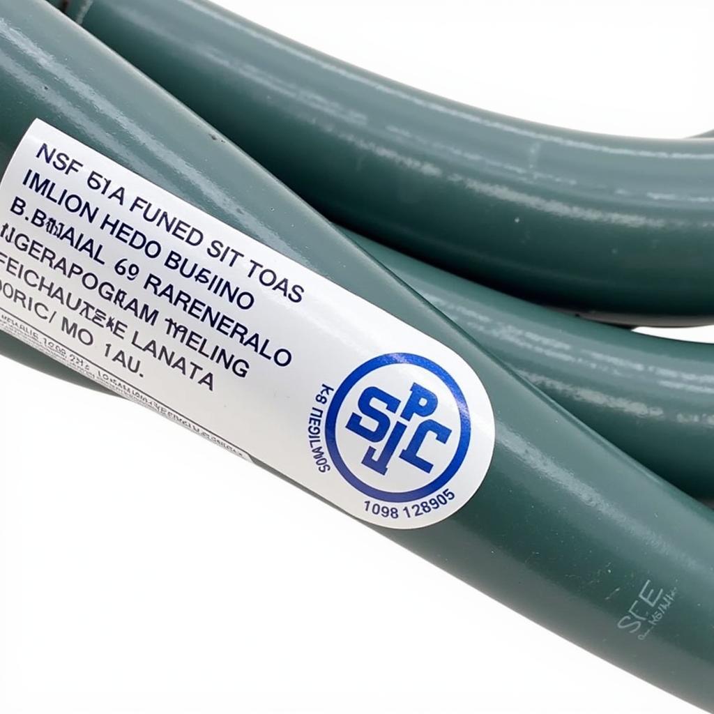 Close-up of a garden hose label showing NSF-61 certification