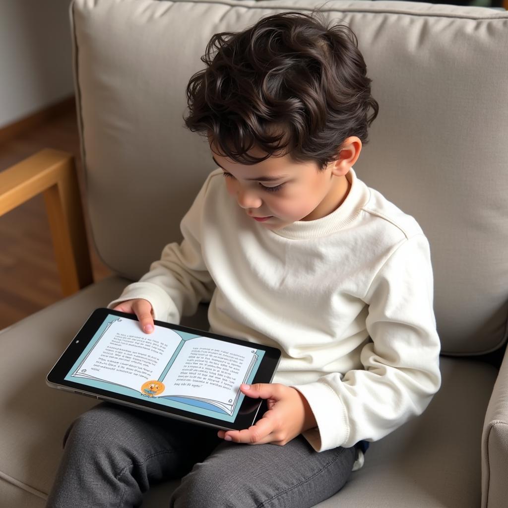 Child Reading a Level C Book on a Tablet