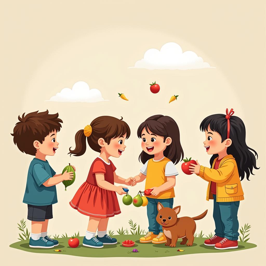 Children role-playing scenarios where they practice applying the fruits of the spirit in everyday situations