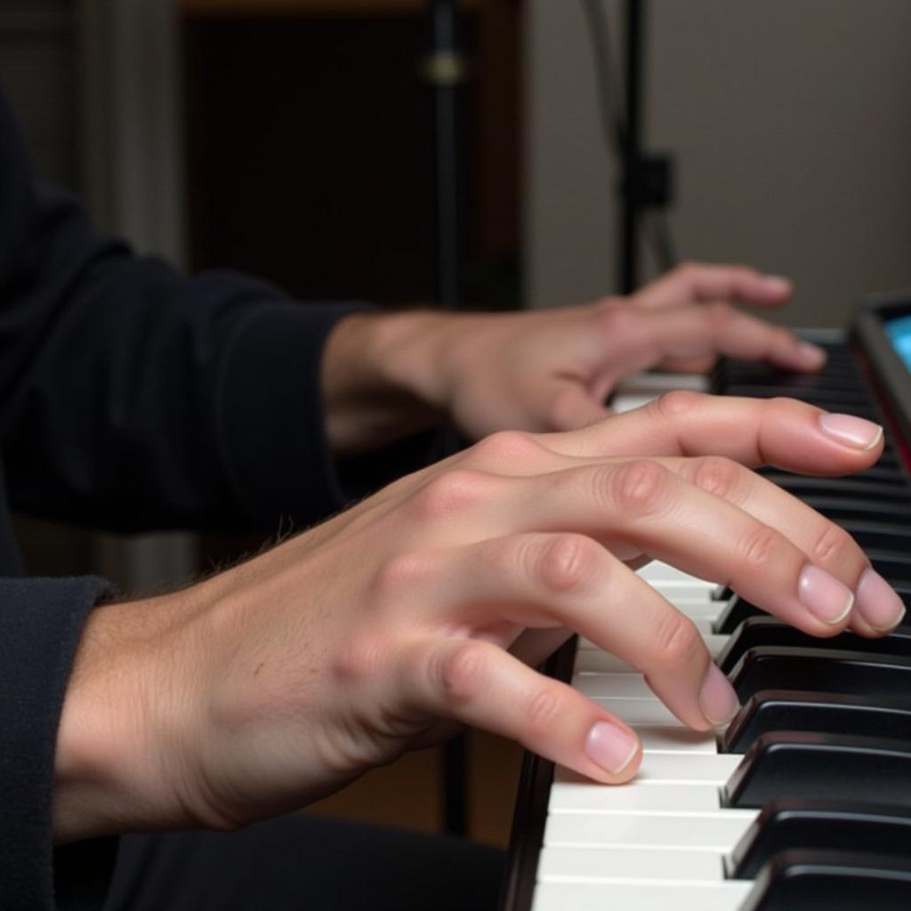 Practicing Chord Progressions Effectively: A musician practicing chord progressions on a keyboard, highlighting finger placement and techniques.