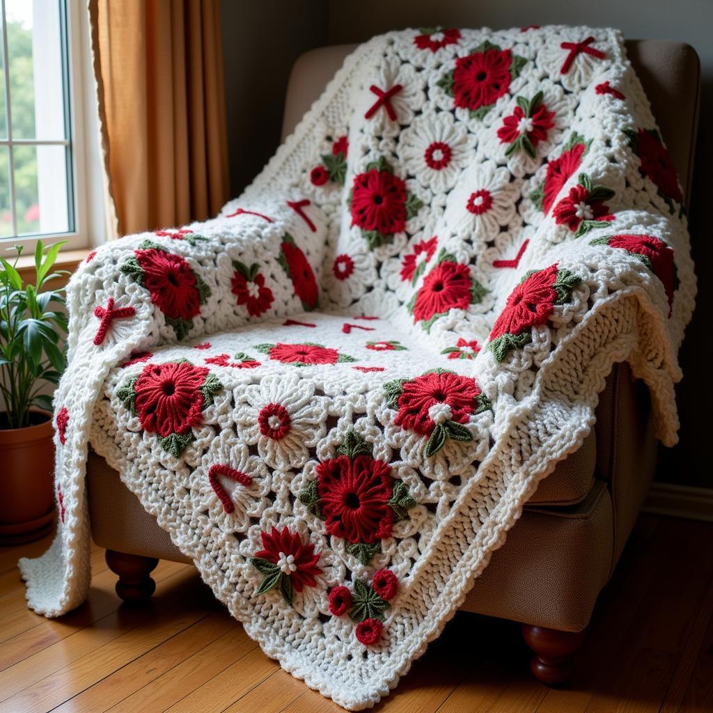 Free Christmas Crochet Blanket Pattern PDF:  A close-up image of a cozy crocheted blanket with a festive Christmas design, draped over an armchair.