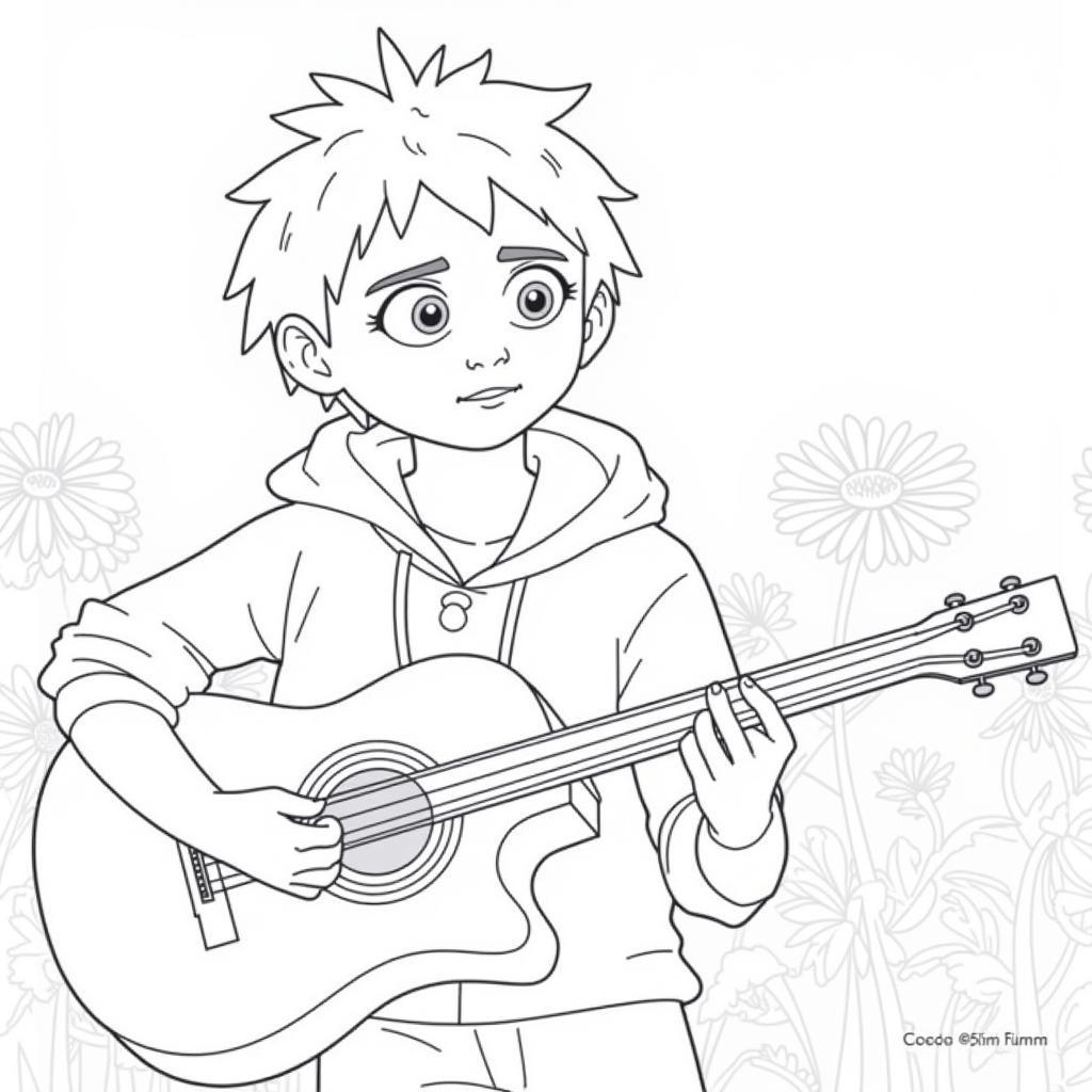 Miguel strumming his guitar on a Coco coloring page