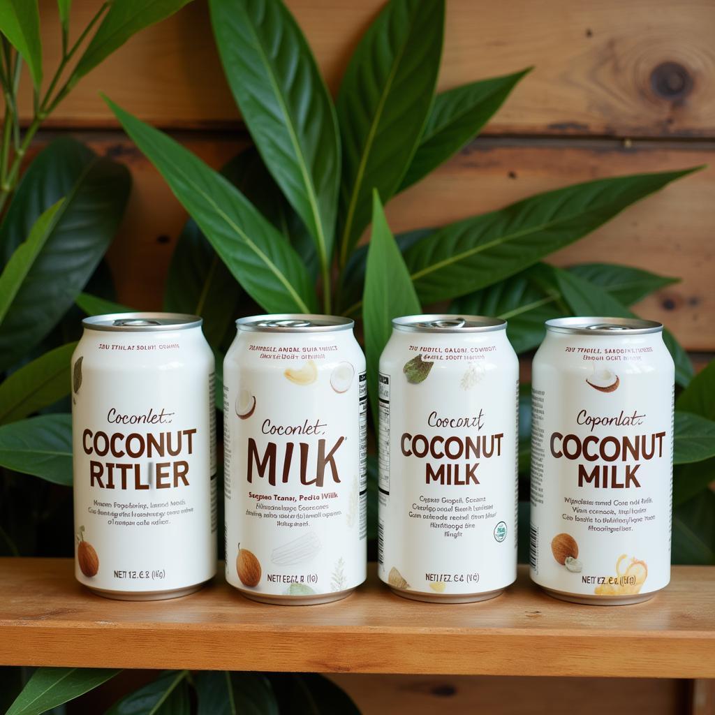 Cans of guar gum-free coconut milk on a wooden shelf.