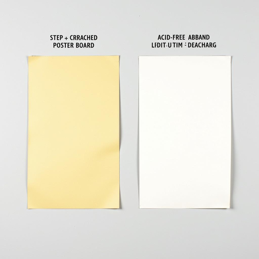 A side-by-side comparison of acid-free and regular poster board after being exposed to sunlight for an extended period, showcasing the yellowing and deterioration of the regular board.