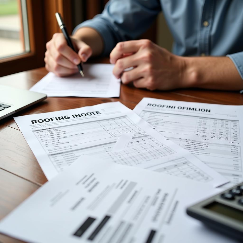 Homeowner reviewing multiple roofing quotes at a table.