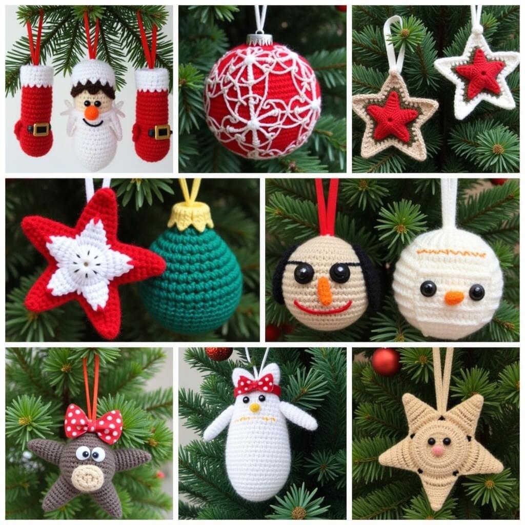 Free Crochet Christmas Ornament Patterns: A collection of colorful and festive crocheted ornaments hanging on a Christmas tree.