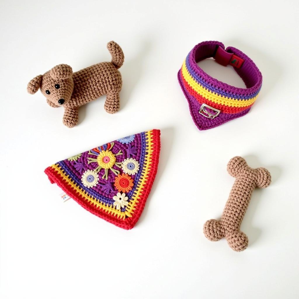 Free Crochet Dog Accessories Patterns: A selection of handmade crochet dog accessories like bandanas, blankets, and a small toy.