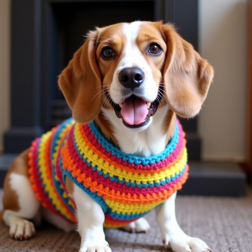 Free Crochet Dog Sweater Pattern: A close-up of a dog wearing a handmade crocheted sweater.