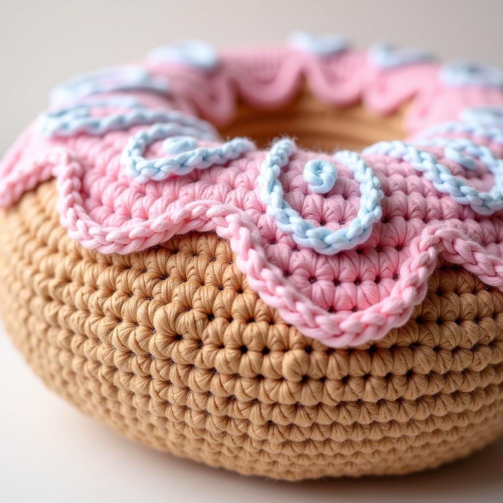 Close-up of the crocheted icing details on the donut pillow