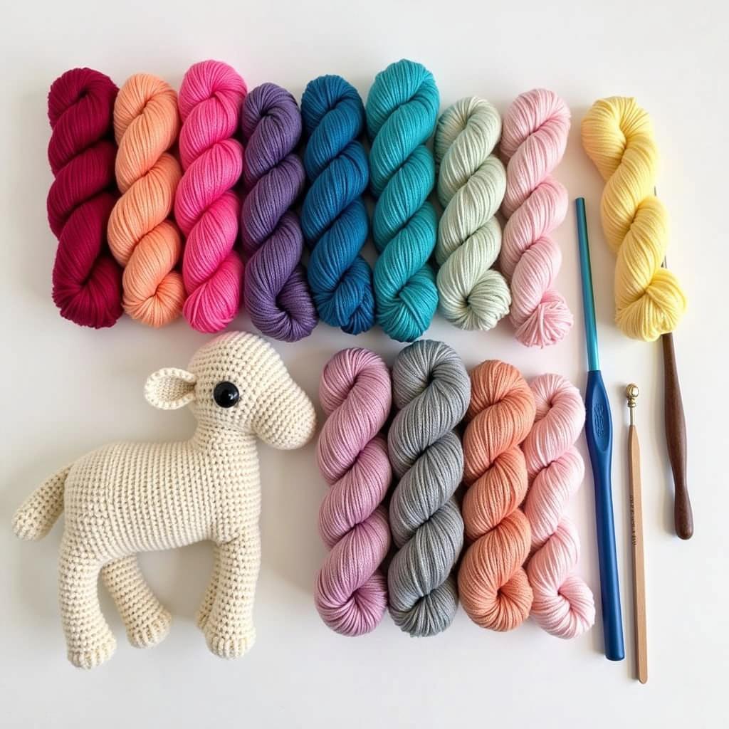 Crochet hooks and yarn for farm animal projects