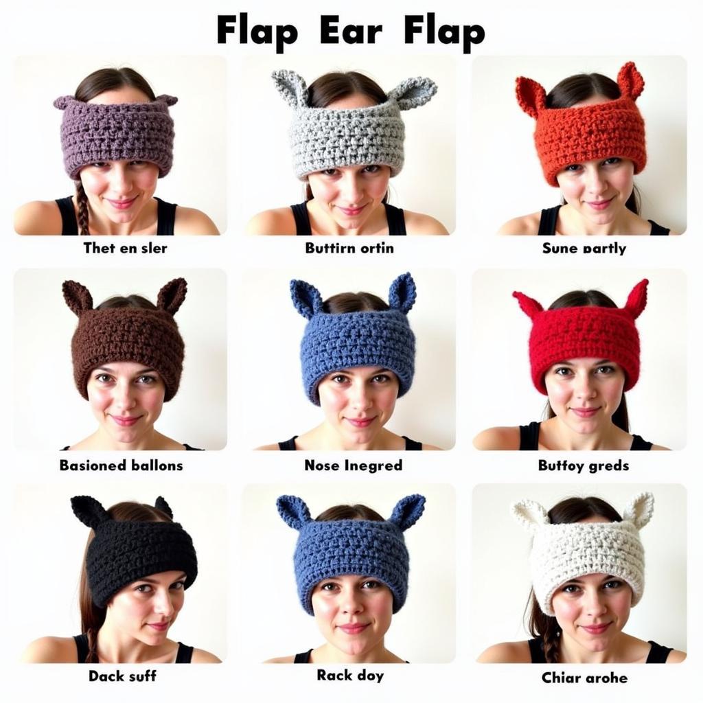 Crochet nose warmers with various ear flap designs: Buttoned, tied, and integrated.