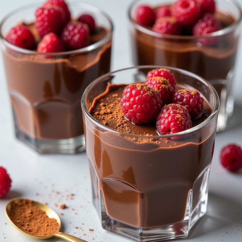 Individual servings of rich, dark chocolate avocado mousse, garnished with fresh berries and a dusting of cocoa powder, served in elegant glasses.