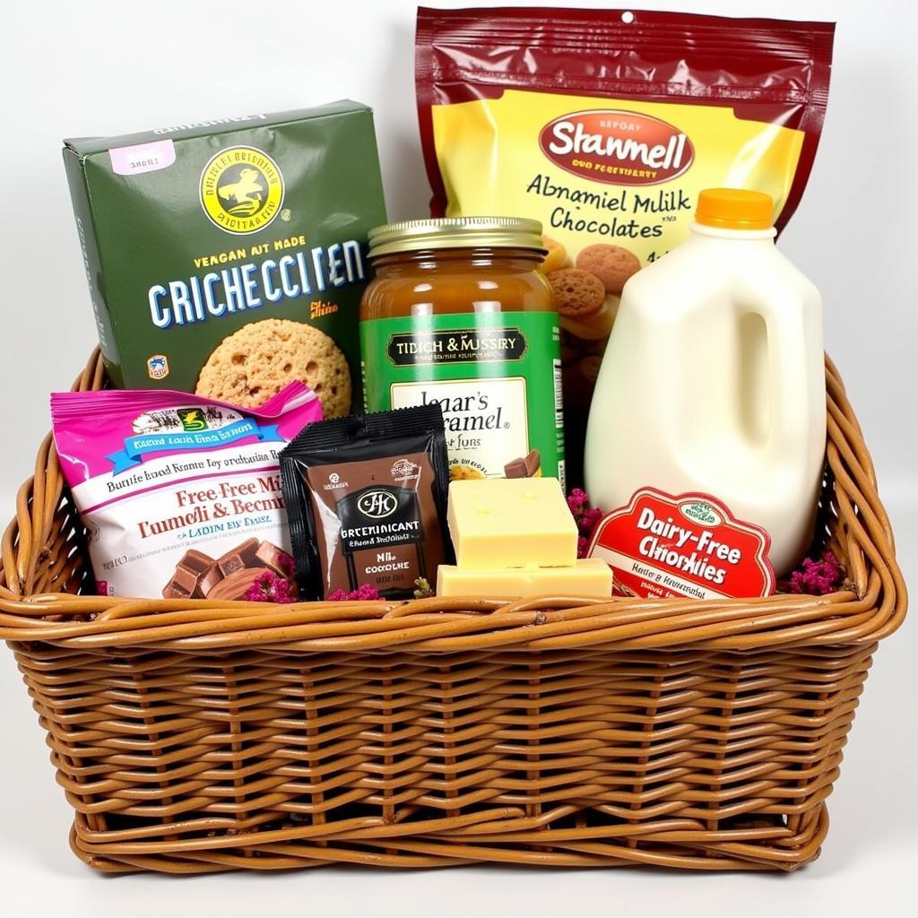 Dairy-free gift basket filled with various treats and products