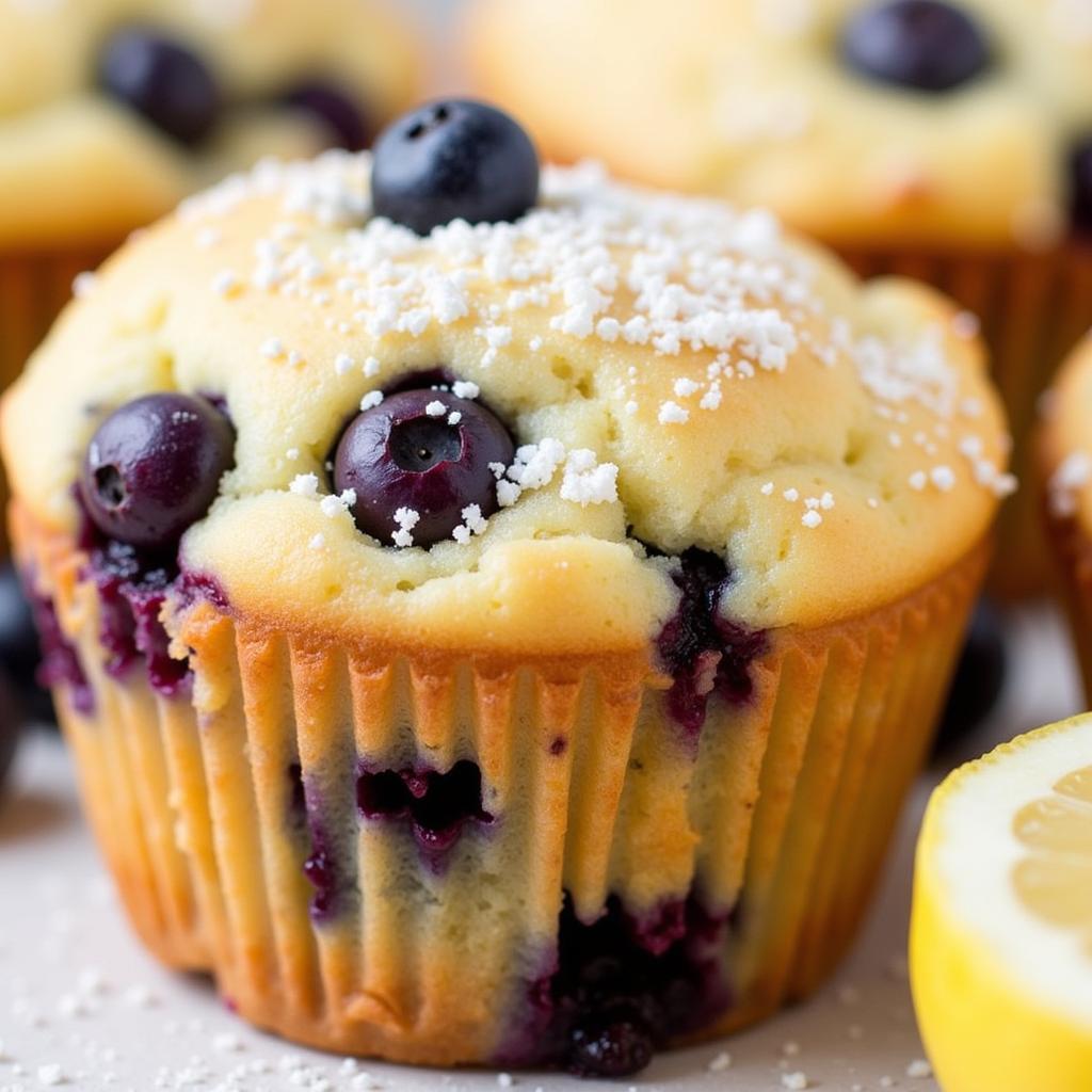 Close-up of a dairy-free lemon blueberry muffin with a golden crumb and bursting with fresh blueberries.