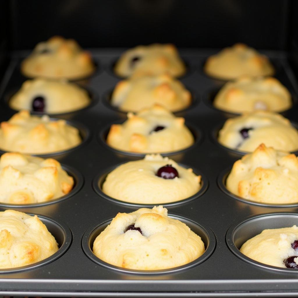 Dairy-free lemon blueberry muffins baking in a muffin tin.