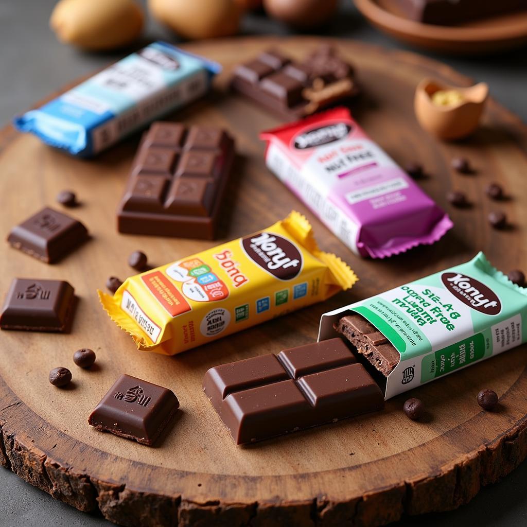 Dairy-free and nut-free chocolate bars arranged on a wooden table.