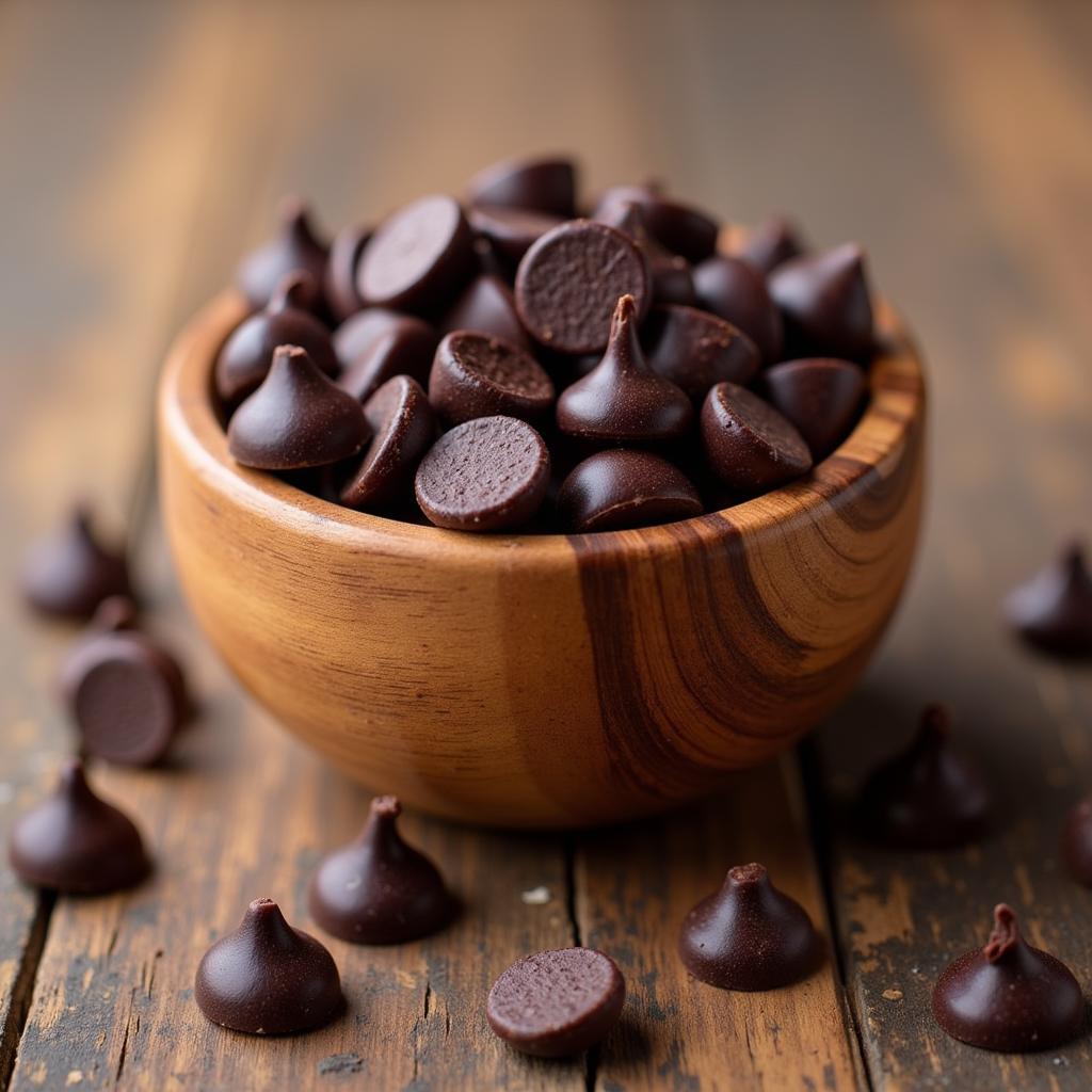 Dairy-free sugar-free chocolate chips in a wooden bowl.