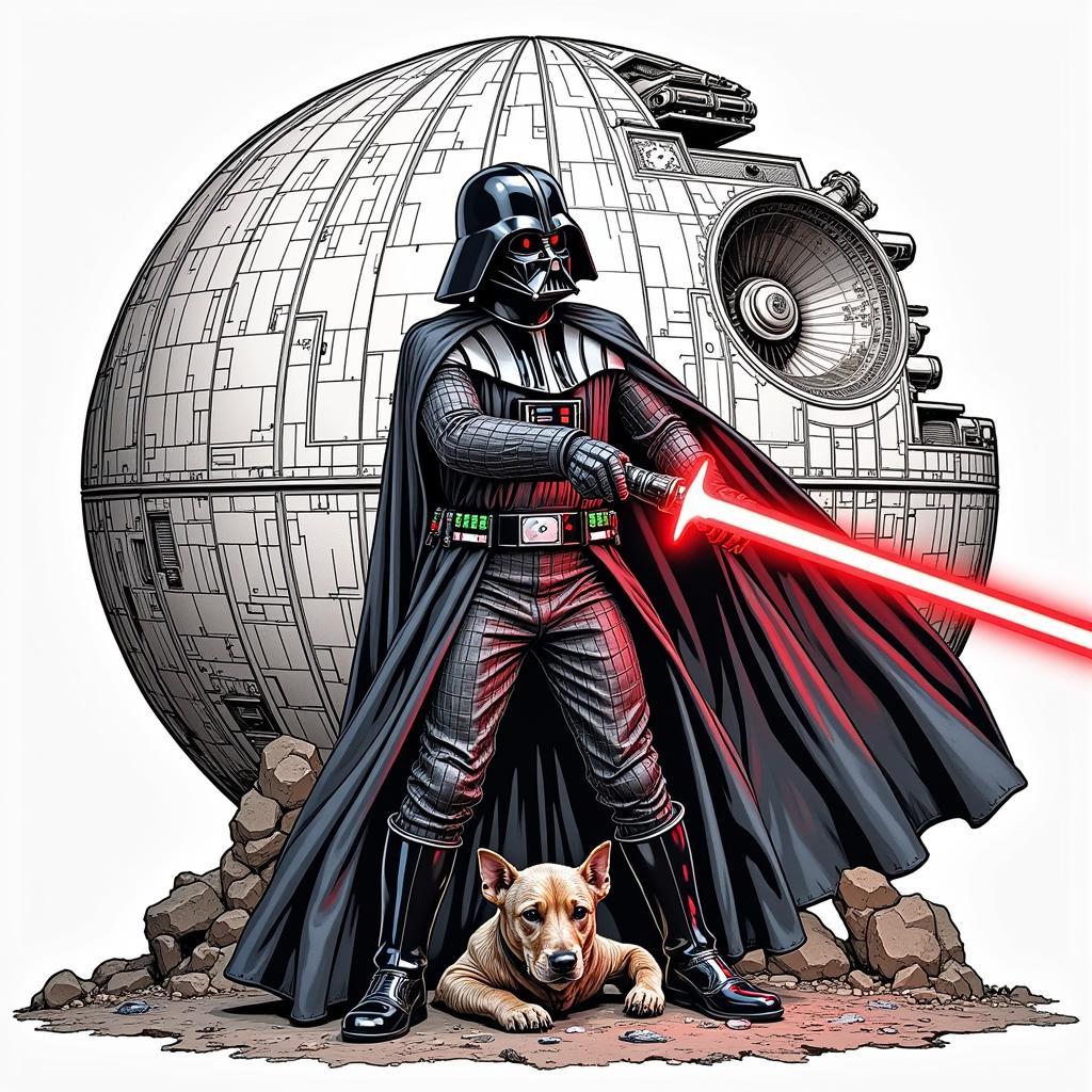 Detailed Darth Vader Coloring Page with Lightsaber