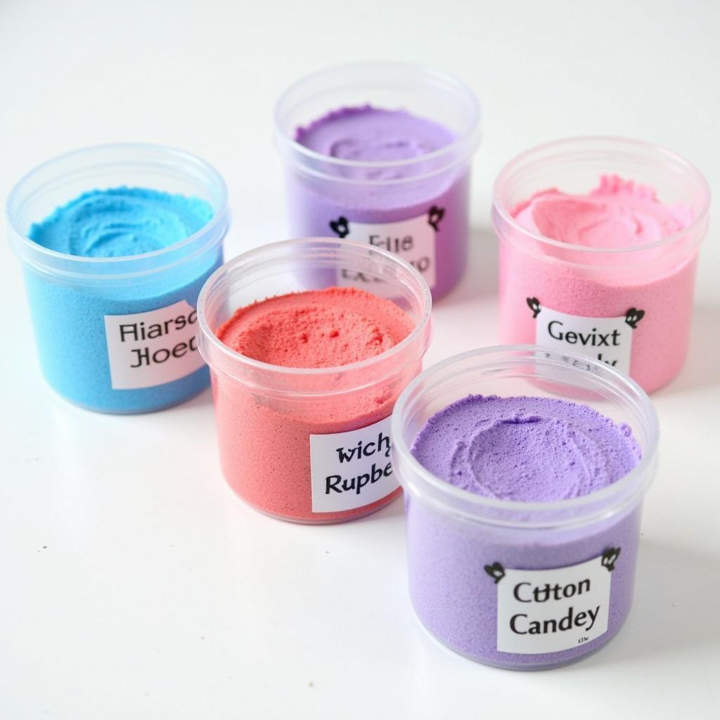 Various flavors of sugar free cotton candy powder displayed.