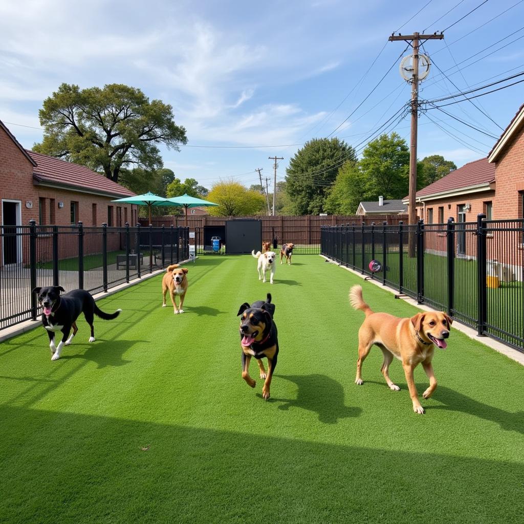 Dogs enjoying outdoor playtime at a boarding facility