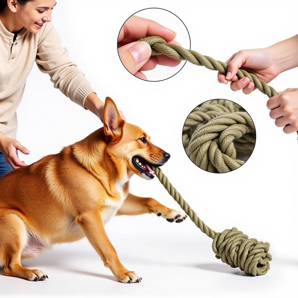 A dog happily playing tug-of-war with a stuffing-free rope toy.