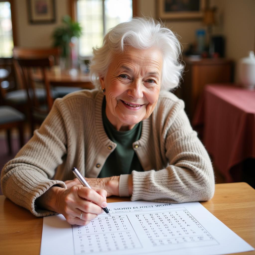 Elderly Woman Completing a Word Search Puzzle