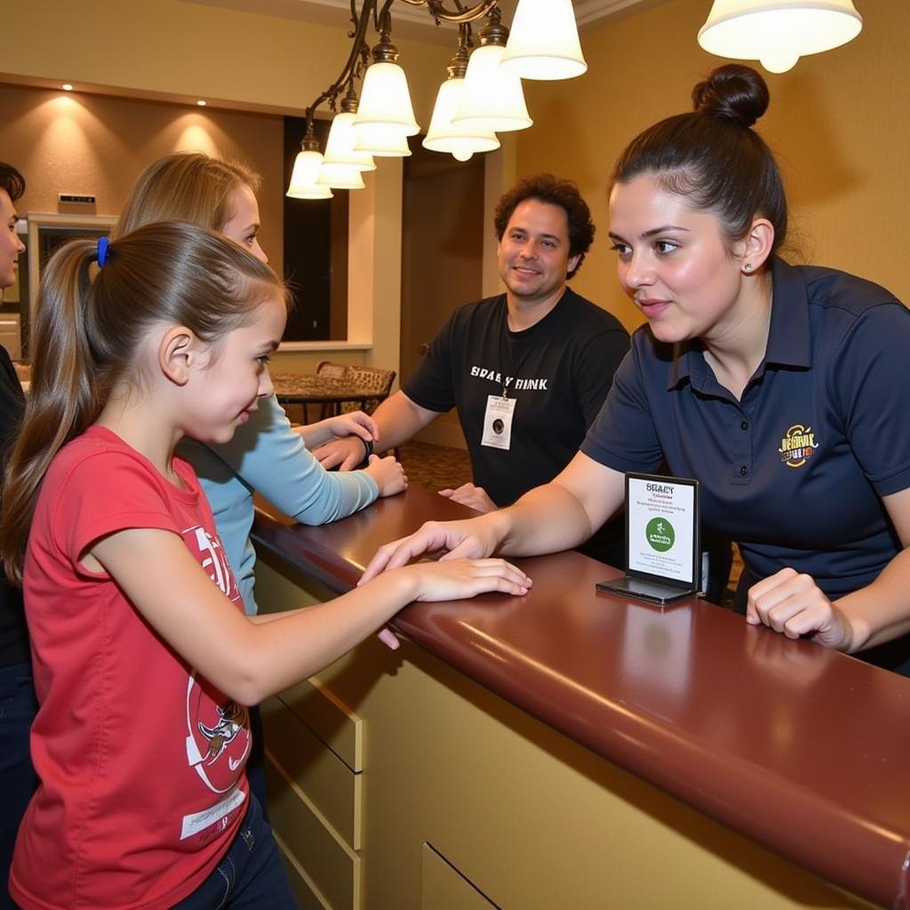 A guest receives an allergy guide at the Epcot Guest Relations desk, ensuring a safe and enjoyable dining experience.