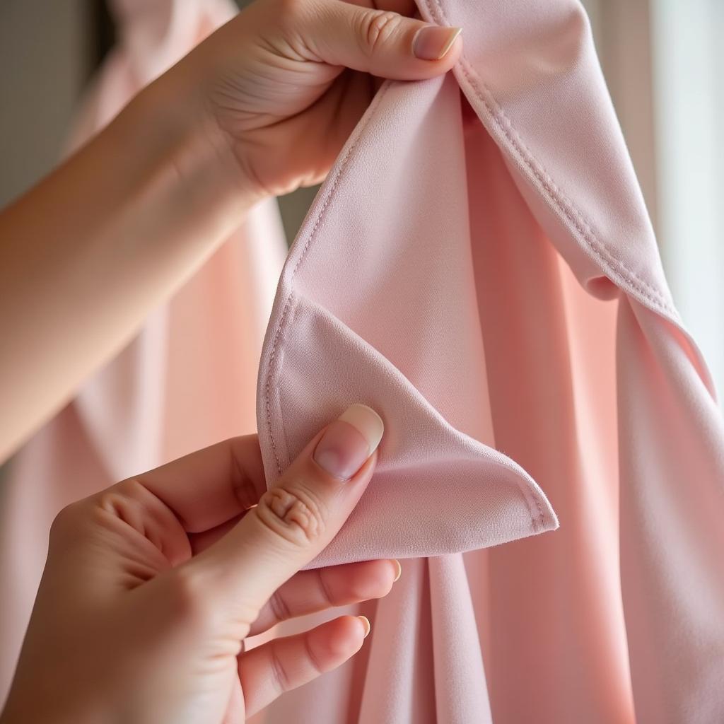 Close-up of Hand Examining a Bridesmaid Dress Swatch