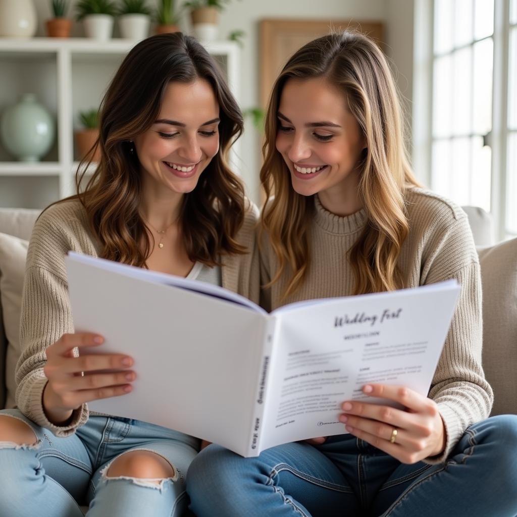 Couple finalizing wedding plans with a free wedding planner book