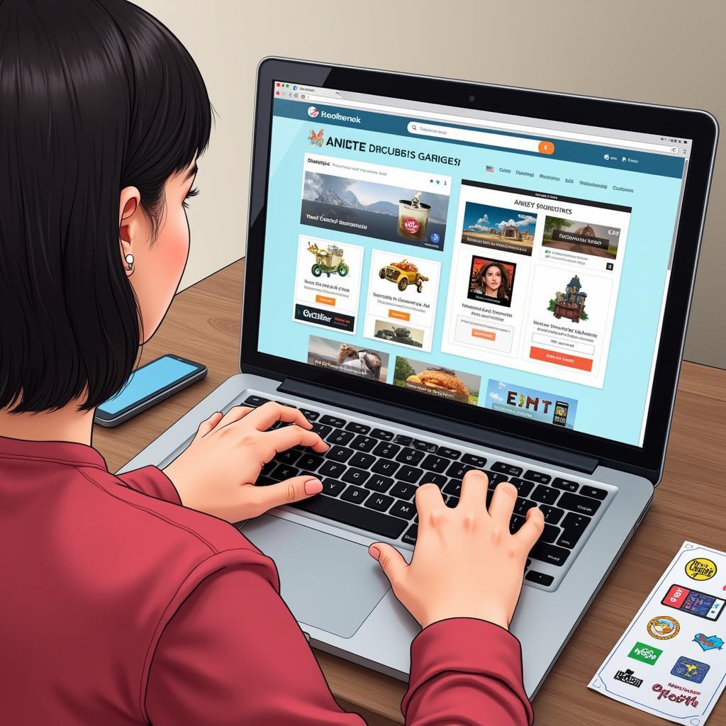 A person searching for free sticker samples on a laptop, showcasing various websites and online marketplaces.