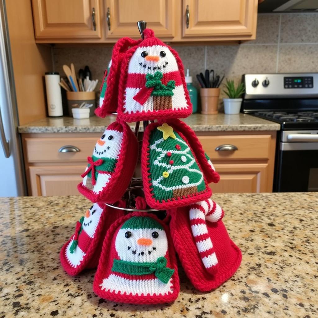 Displaying Finished Knitted Christmas Dishcloths