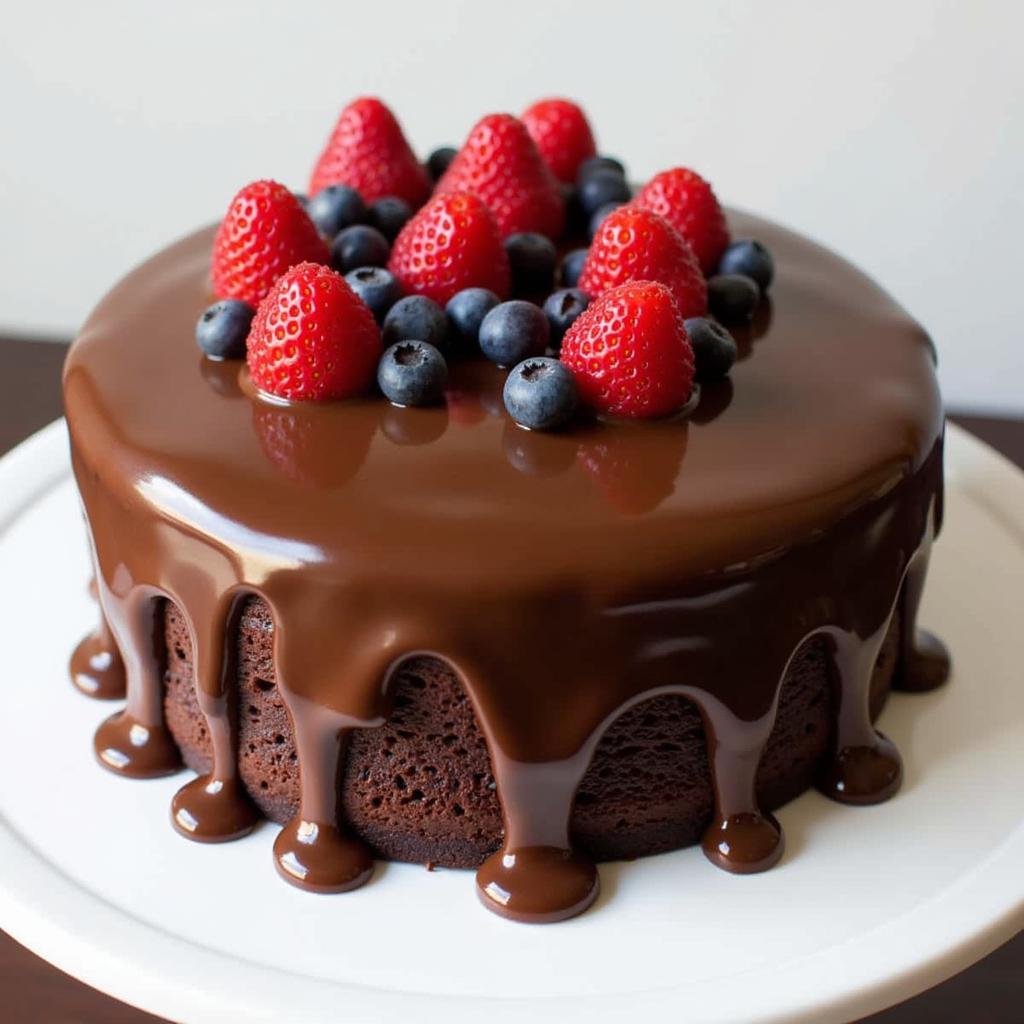 A finished dairy-free chocolate glazed cake.