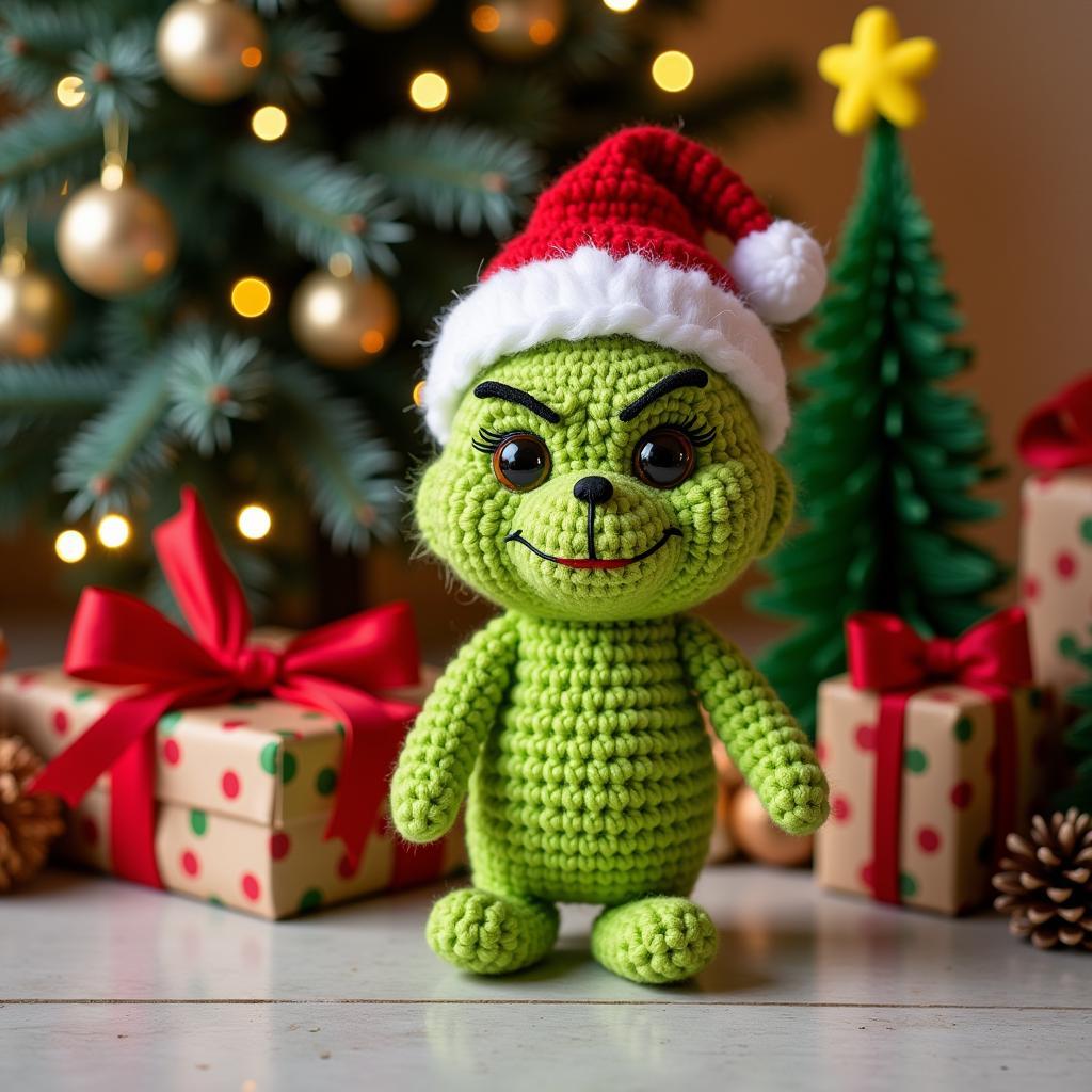 Finished Grinch Amigurumi in a Christmas Setting