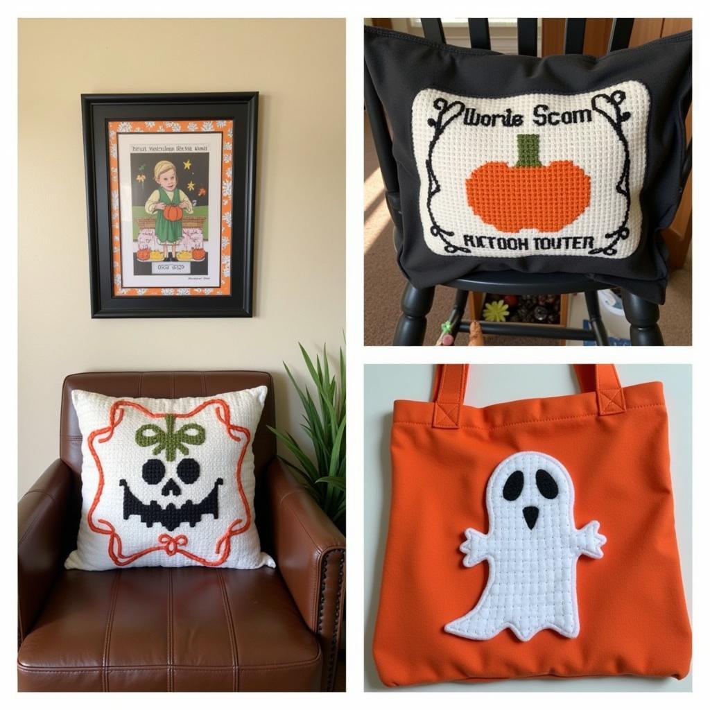 Showcase of finished Halloween cross-stitch projects displayed in various ways, like framed art, decorative pillows, and embellished tote bags.