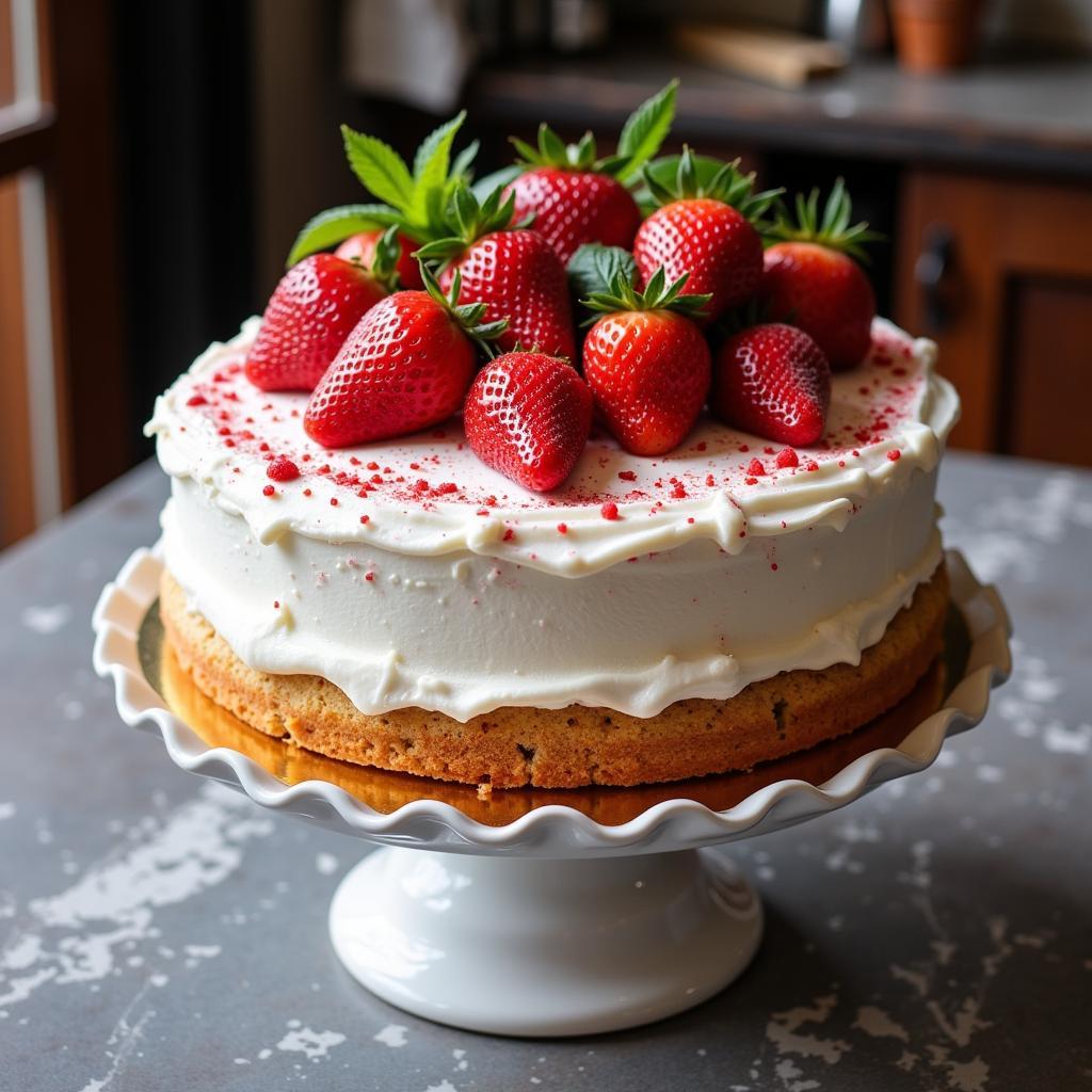 A whole, decorated sugar-free strawberry cake