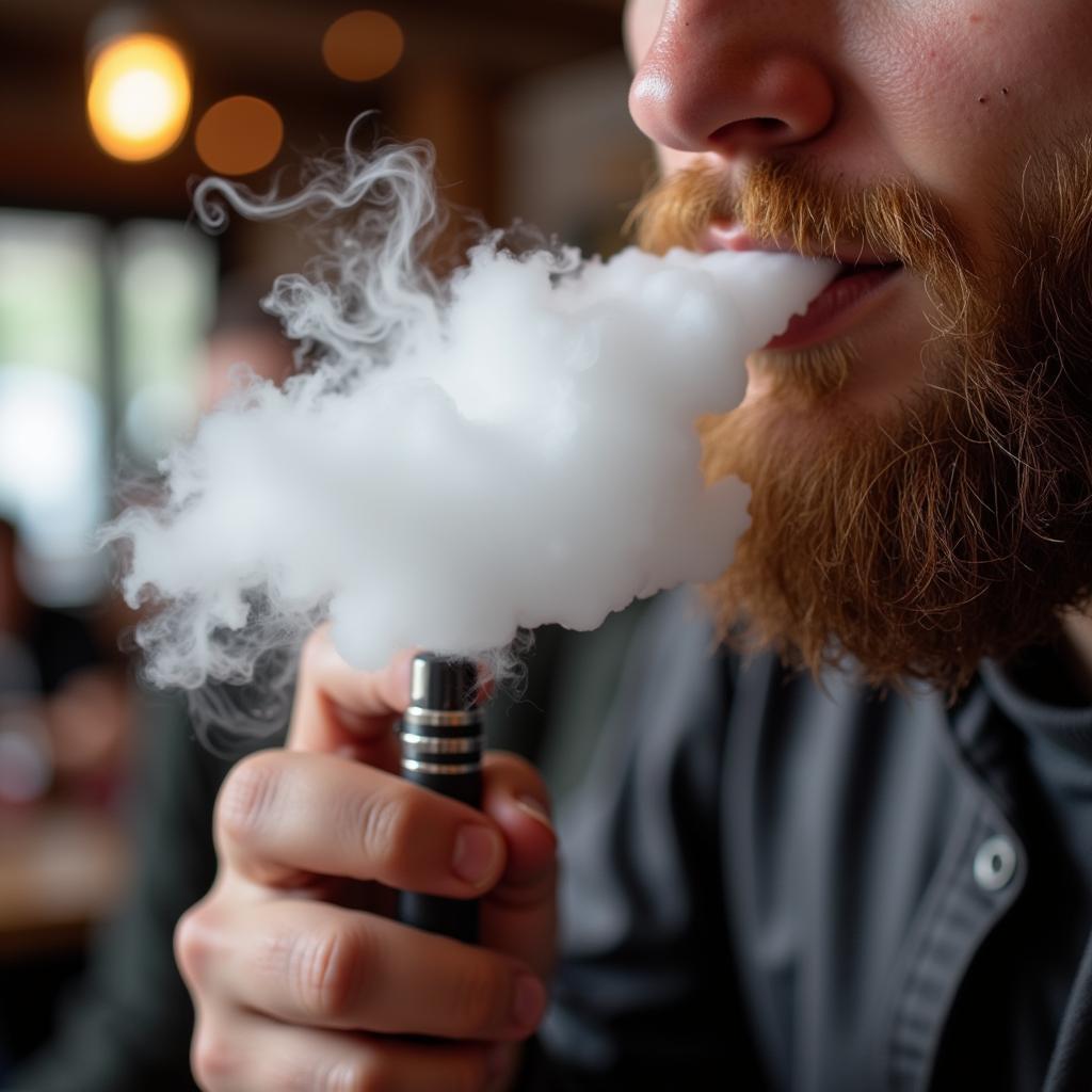 A person exhaling a large, flavorful cloud of nicotine-free vape.