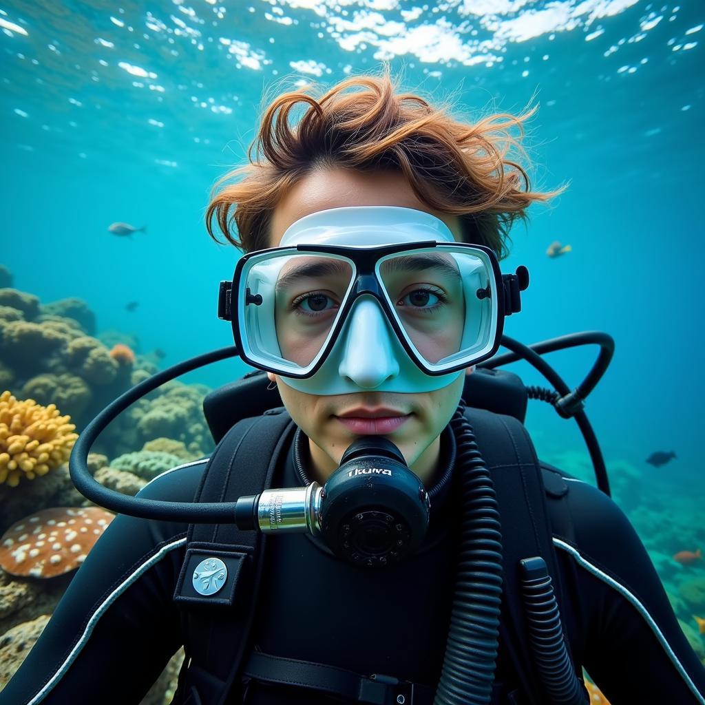 Scuba Diver with a Clear Fog-Free Mask Underwater